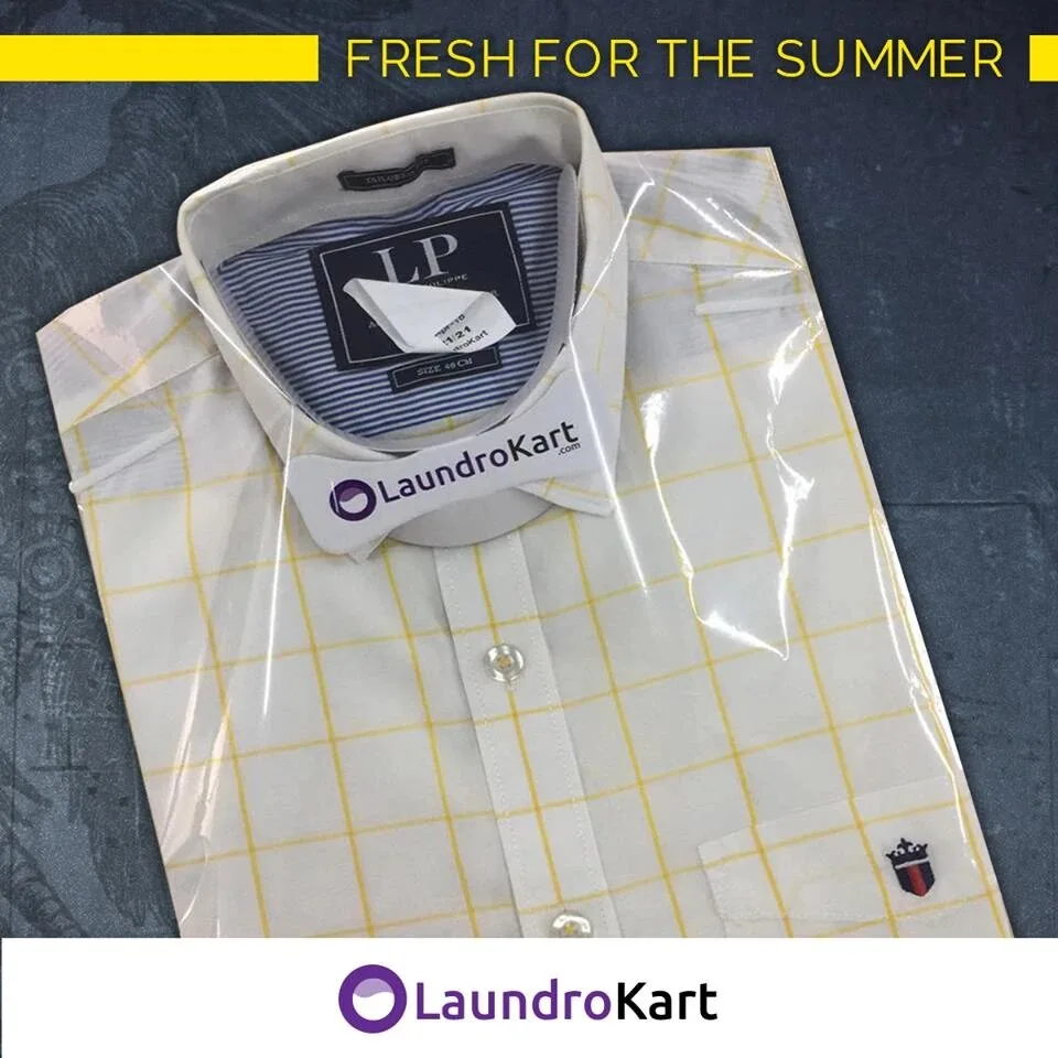 A checked Louis Philippe shirt finished and packed by LaundroKart
